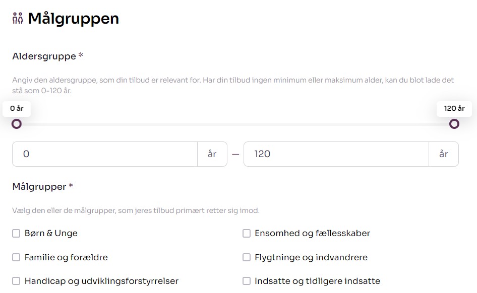 Skærmbillede fra Socialkompas hvor man vælger aldersgruppe og målgruppe for det tilbud man er ved at oprette